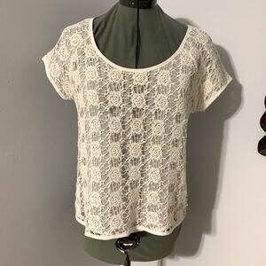 Lauren Conrad Crochet Sheer Short Sleeve Top White Small